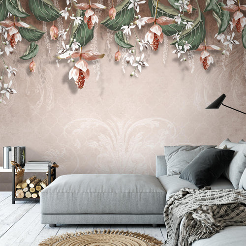 Novart Fototapeten 396 x 280 cm Blumen Blätter - Vlies Wanddekoration Wohnzimmer Schlafzimmer - Deutsche Manufaktur - grau N9122012a