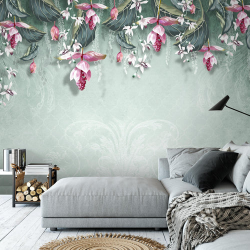 Novart Fototapeten 396 x 280 cm Blumen Blätter - Vlies Wanddekoration Wohnzimmer Schlafzimmer - Deutsche Manufaktur - grün N9122012b