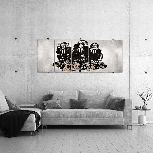 Runa Art Wandbild XXL Street Art Affen Loft Wohnzimmer 200 x 80 cm Grau 5 Teilig - Made in Germany - 303455b