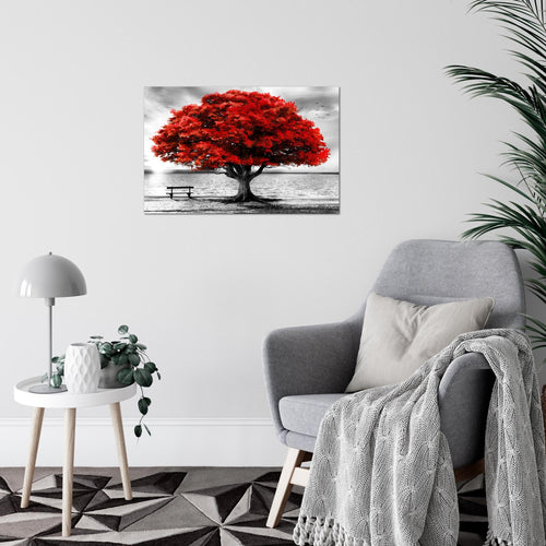 Runa Art Bild Strand Sonnenuntergang Modern Wandbilder Wohnzimmer Schlafzimmer 1 Teilig- Made In Germany - Strand Baum Grau Rot Flur 050615a