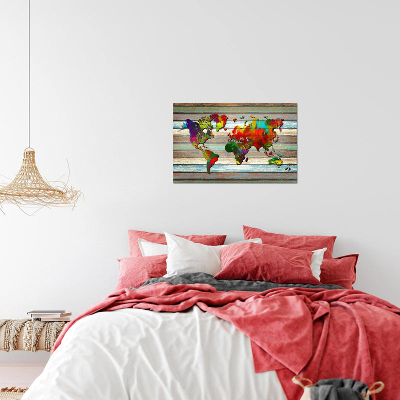 Runa Art Bild Weltkarte Modern Wandbilder Wohnzimmer Büro 1 Teilig - Made In Germany - Vintage Holz Bunt Flur 105415a