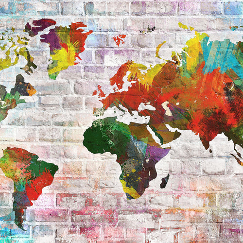 Runa Art Bild Weltkarte Modern Wandbilder Wohnzimmer Büro 1 Teilig - Made In Germany - Steinoptik Ziegel Bunt Flur 106915a