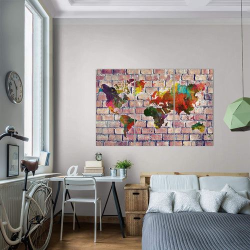 Runa Art Wandbilder Weltkarte Bild XXL Büro Wohnzimmer Bunt Steinoptik Ziegel 120 x 80 cm 3 Teilig 106931a