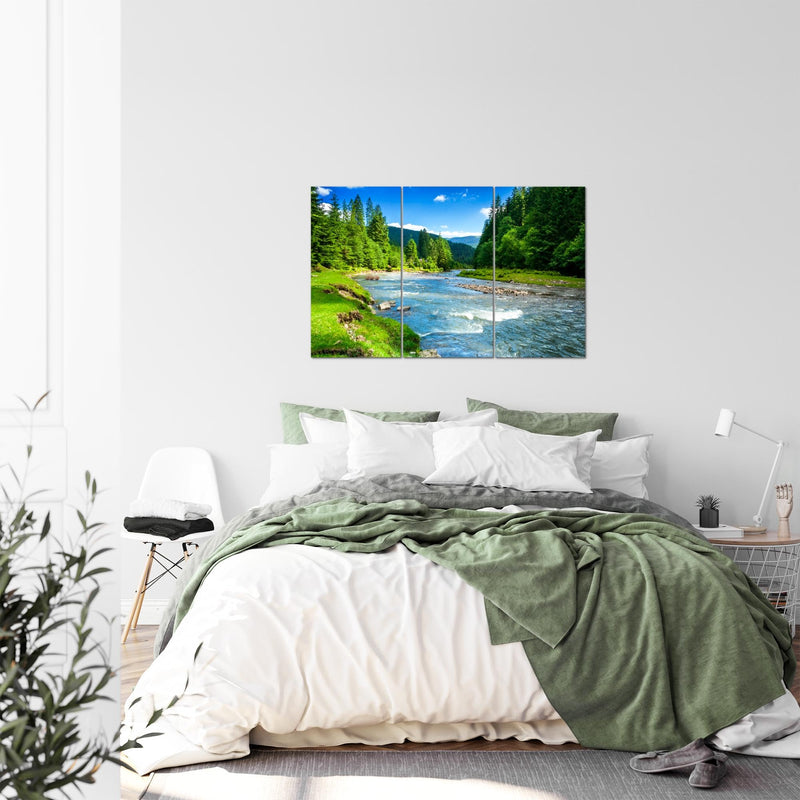 Runa Art Wandbilder Wald Fluss Bild XXL Wohnzimmer Schlafzimmer Grün Blau Natur 120 x 80 cm 3 Teilig 049831a