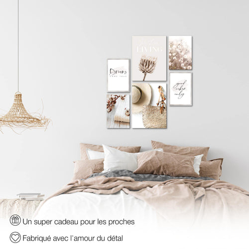 Novart Wandbilder Set Boho Pampasgras Beige Rosa - KEIN EXTRA RAHMEN BENÖTIGT -  Modern Deko  - Wohnzimmer Schlafzimmer N006663a