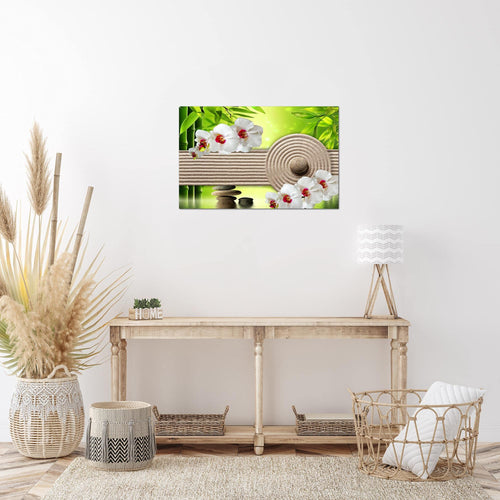 Runa Art Bild Feng Shui Orchidee Modern Wandbilder Wohnzimmer Schlafzimmer 1 Teilig - Made In Germany - Steine Spa Grün Beige Flur 501115b