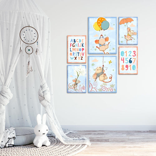 Novart Wandbilder Set Tiere Maus - KEIN EXTRA RAHMEN BENÖTIGT -  Modern Deko  - Kinderzimmer Mädchen Junge N017763a