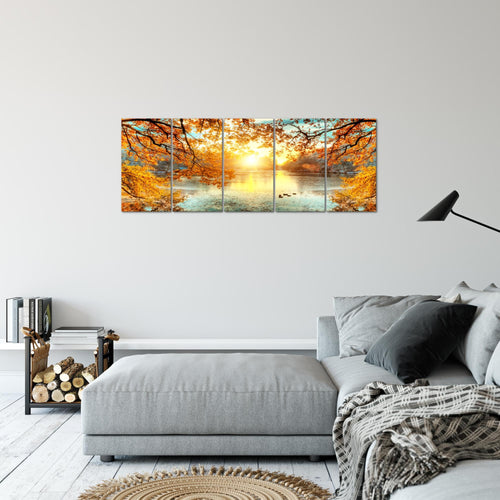 Runa Art Bild Sonniger Wald Wandbilder auf Vlies Leinwand 5 Teilig Wanddekoration Wohnzimmer Schlafzimmer 050056a
