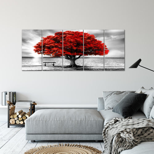 Runa Art Wandbilder XXL Strand Sonnenuntergang Wohnzimmer Schlafzimmer 200 x 80 cm Grau Rot 5 Teilig - Made in Germany - 050655a