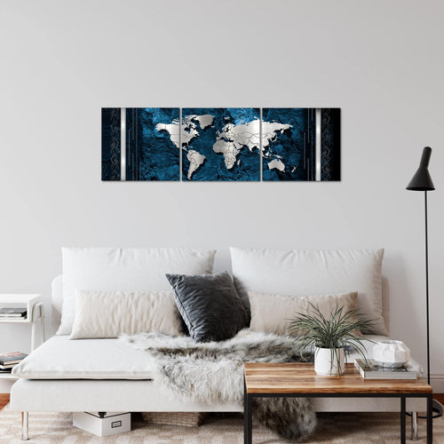 Runa Art - Bilder Weltkarte 120 x 40 cm 3 Teilig Wandbild auf Vlies Leinwand Blau Mehrteilig Modern 107333b