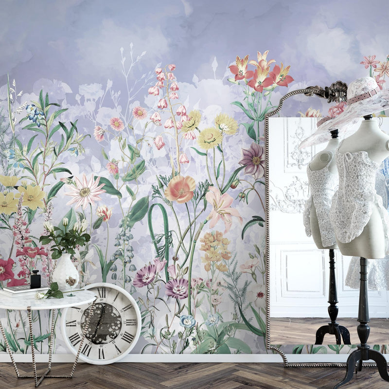Novart Fototapete Blumen 396 x 280 cm Wandtapete Blumenwiese Blau Wohnzimmer Schlafzimmer - N9130012a