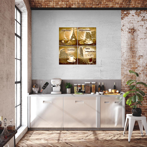 Runa Art Bilder Küche Kaffee 4 Teilig Bild auf Vlies Leinwand Esszimmer Küchenbilder 60 x 60 cm Collage Grün 500744b