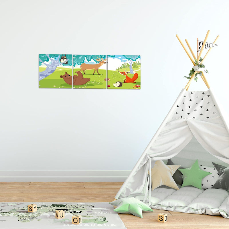 Runa Art Bilder Waldtiere 3 Teilig Bild auf Vlies Leinwand Deko Spielzimmer Baby 90 x 30 cm Kinderzimmer Junge Mädchen 001834c