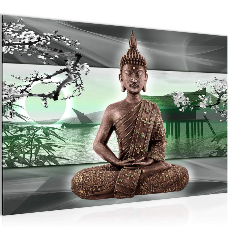 Runa Art Bild Buddha Feng Shui Modern Wandbilder Wohnzimmer Schlafzimmer 1 Teilig - Made In Germany - Kirschblüte Grün Grau Flur 503215b