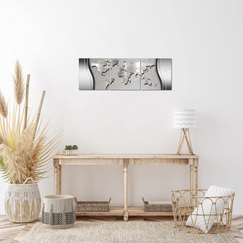 Runa Art - Bilder Weltkarte 120 x 40 cm 3 Teilig Wandbild auf Vlies Leinwand Grau Mehrteilig Modern 107233c