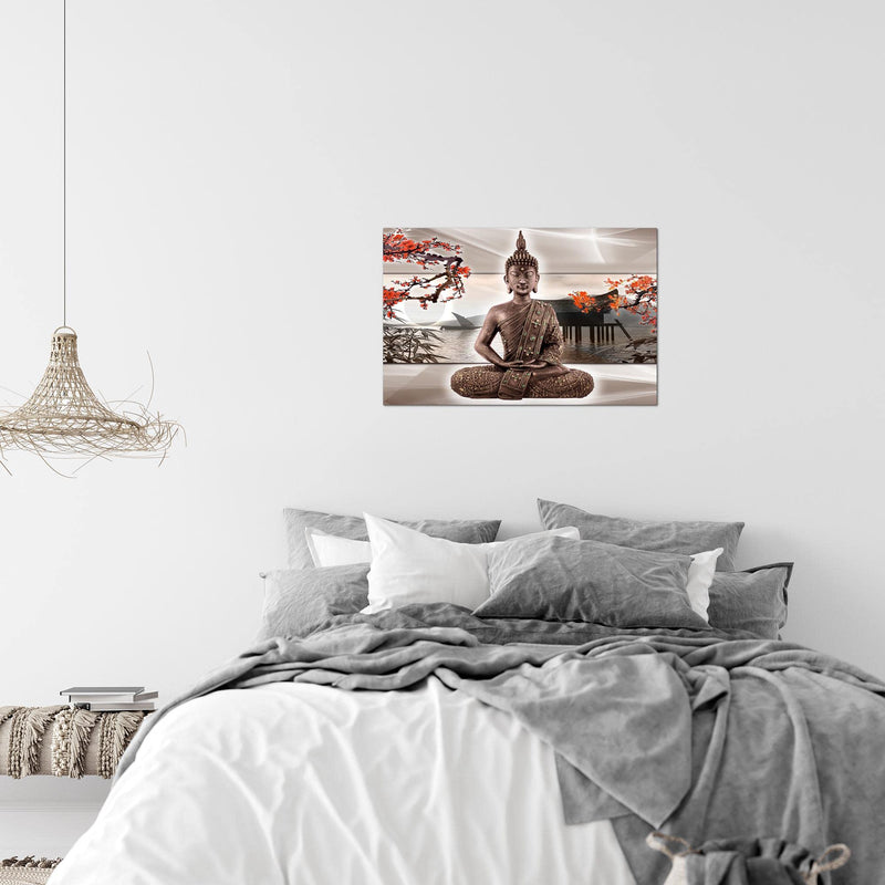 Runa Art Bild Buddha Feng Shui Modern Wandbilder Wohnzimmer Schlafzimmer 1 Teilig - Made In Germany - Kirschbaum Beige Rot Flur 503215c