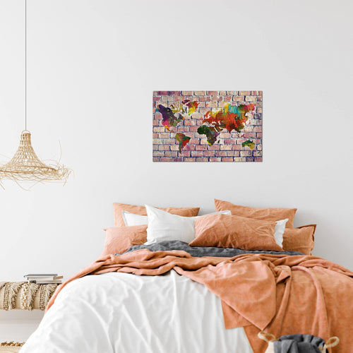 Runa Art Bild Weltkarte Modern Wandbilder Wohnzimmer Büro 1 Teilig - Made In Germany - Ziegelwand Rot Bunt Flur 106915c