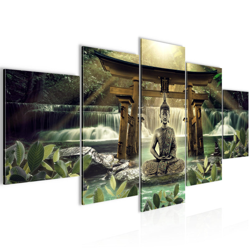Runa Art Wandbilder Feng Shui Buddha 5 Teilig Bild auf Vlies Leinwand Deko Wohnzimmer Schlafzimmer Spa Grün Braun 036452a