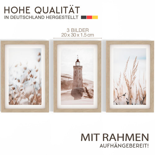 Novart Biler Set Lichtturm Boho Meer - mit Rahmen - Wohnzimmer Schlafzimmer Flur Wanddeko - 3 Wandbilder Beige - N134930aR1