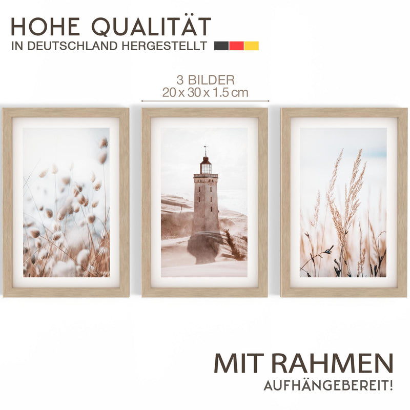Novart Biler Set Lichtturm Boho Meer - mit Rahmen - Wohnzimmer Schlafzimmer Flur Wanddeko - 3 Wandbilder Beige - N134930aR1