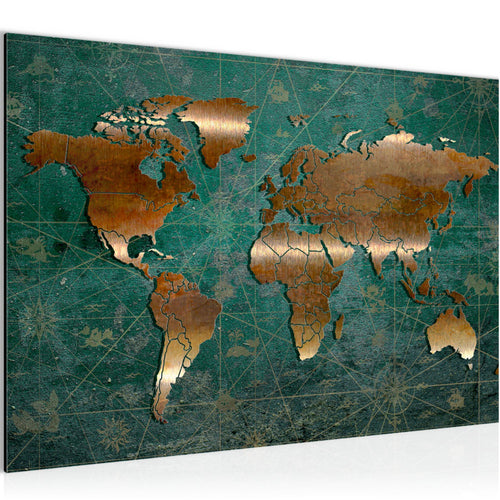 Runa Art Bild Weltkarte Modern Wandbilder Wohnzimmer Büro 1 Teilig - Made In Germany - Antik Grün Braun Flur 109015b