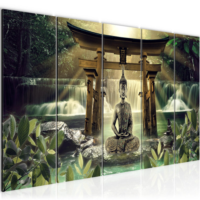 Runa Art Wandbild XXL Feng Shui Buddha Wohnzimmer Schlafzimmer 200 x 80 cm Grün Braun 5 Teilig - Made in Germany - 036455a