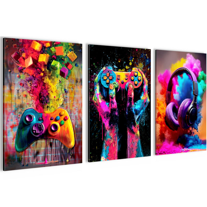 Novart Bilder Set Gamer - KEIN EXTRA RAHMEN BENÖTIGT - Wandbilder für Kinderzimmer - 3 Teilig Deko Videospiel - N041236a