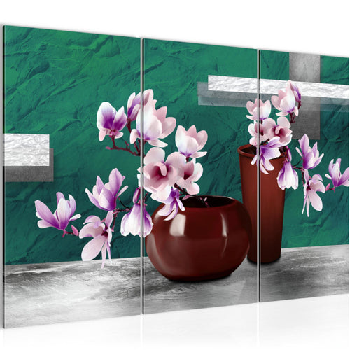Runa Art Wandbilder Blumen Abstrakt Bild XXL Wohnzimmer Schlafzimmer Türkis Grau Blumenvase 120 x 80 cm 3 Teilig 035231b