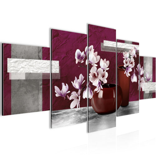 Runa Art Wandbilder Blumen Abstrakt 5 Teilig Bild auf Vlies Leinwand Deko Wohnzimmer Blumenvase Grau Rot 035252a