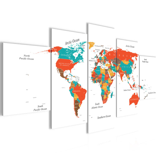 Runa Art - Bilder Weltkarte 200L x 100B cm 5 Teilig XXL Wanddekoration Design Weltkarte Türkis Orange 057251a