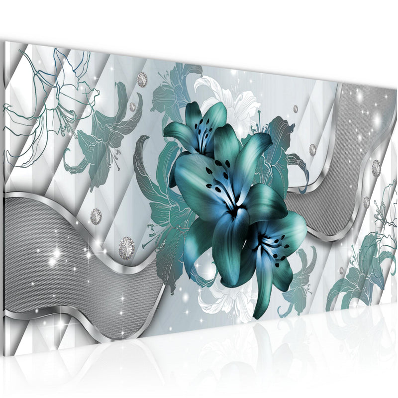Runa Art Wandbild Blumen Lilien 1 Teilig 100 x 40 cm Modern Bild auf Vlies Leinwand Abstrakt Wohnzimmer Grau Türkis 016512a
