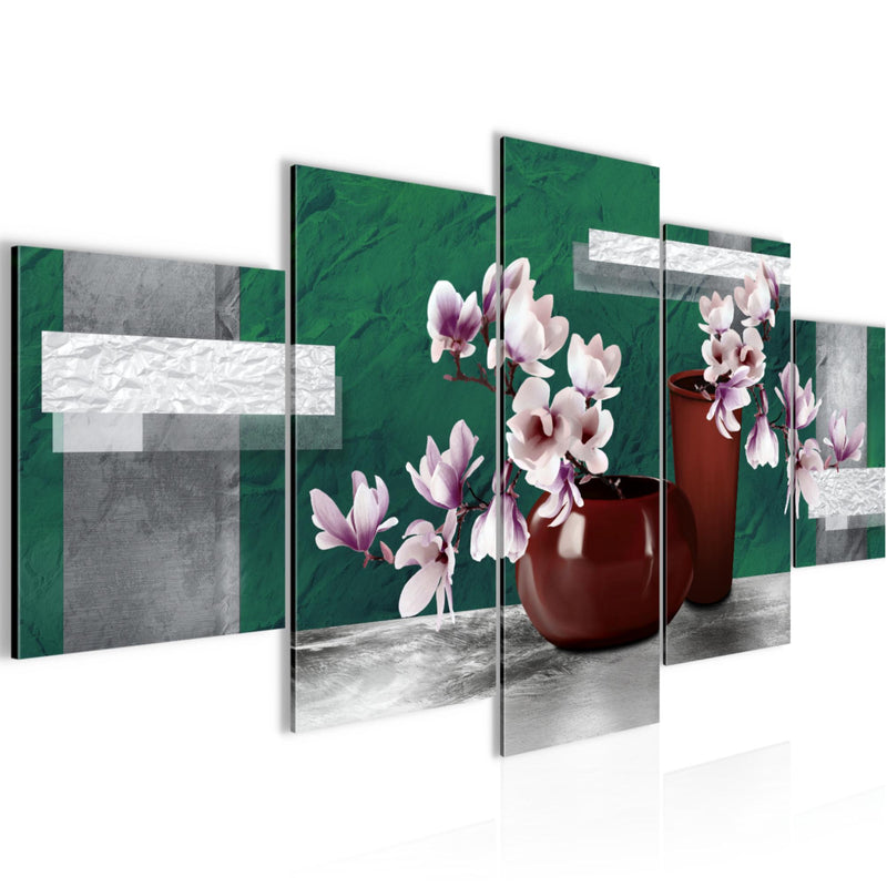 Runa Art Bild Wohnzimmer Schlafzimmer Blumen Abstrakt 5 Teilig Blumenvase Türkis Grau Wandbilder auf Vlies Leinwand 035253b