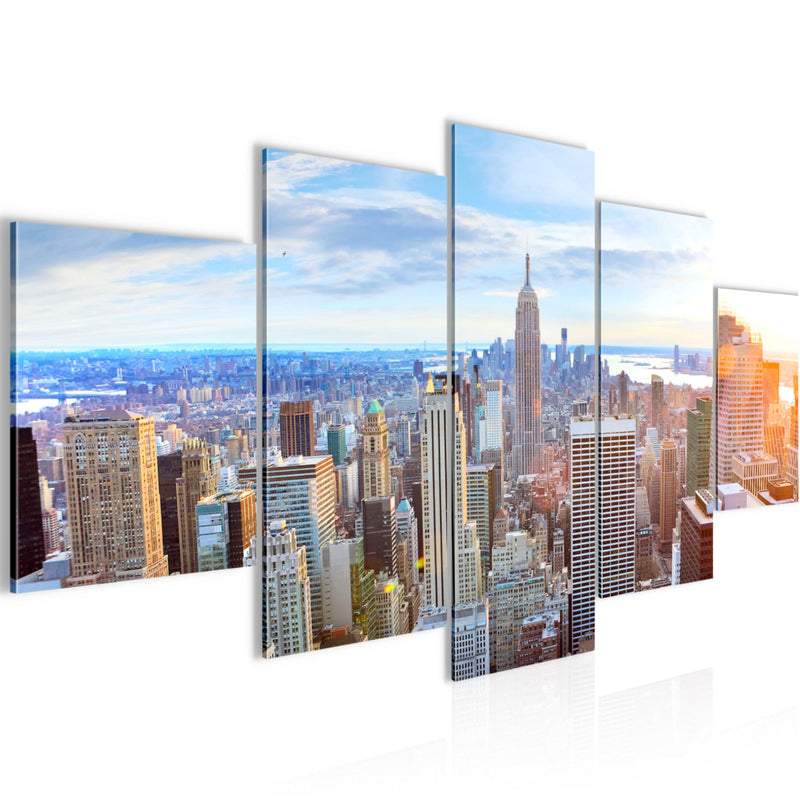 Runa Art Wandbilder New York Skyline 5 Teilig Bild auf Vlies Leinwand Deko Wohnzimmer Büro NY City Blau Beige 010252a