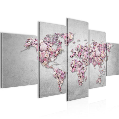 Runa Art Wandbilder Weltkarte Blumen 5 Teilig Bild auf Vlies Leinwand Deko Wohnzimmer Kontinente Rosa Grau 023252a