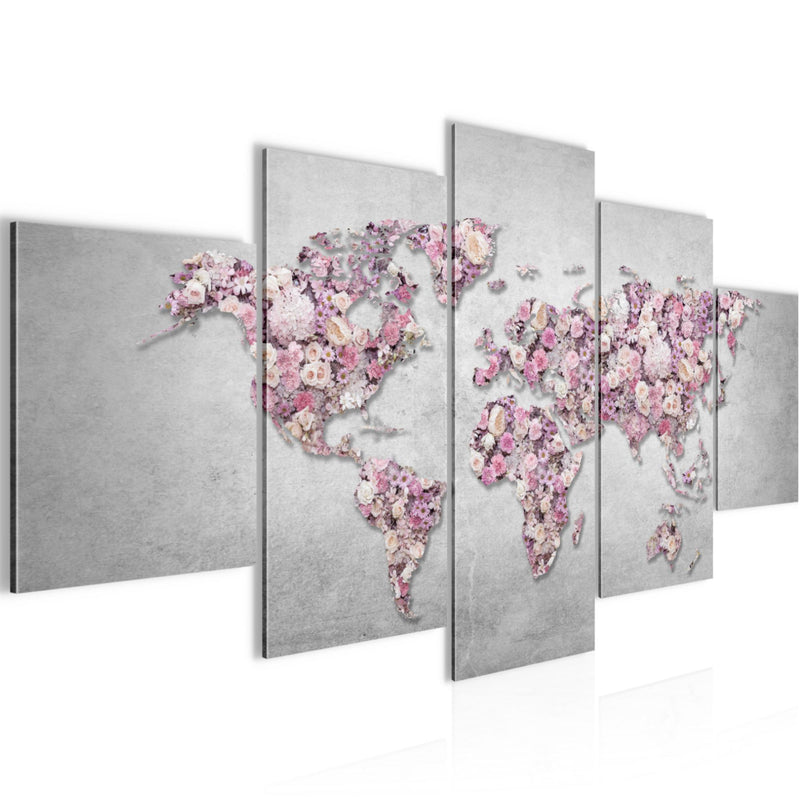Runa Art Wandbilder Weltkarte Blumen 5 Teilig Bild auf Vlies Leinwand Deko Wohnzimmer Kontinente Rosa Grau 023252a