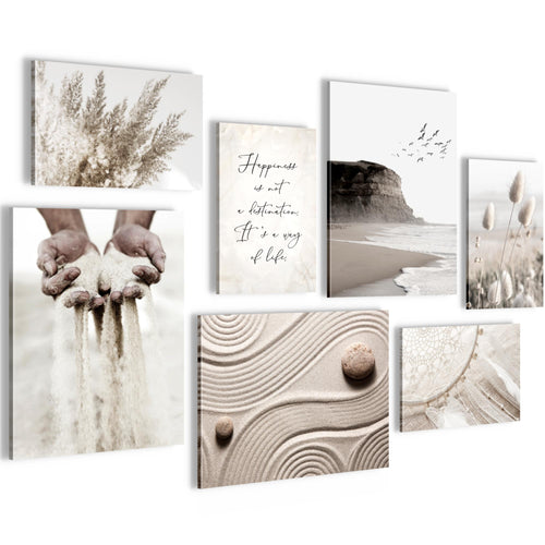 Novart Wandbilder Strand Boho - KOMPLETT AUFHÄNGFERTIG - Beige Wohnzimmer Schlafzimmer - 7 Moderne Mood-Bilder - N028171a