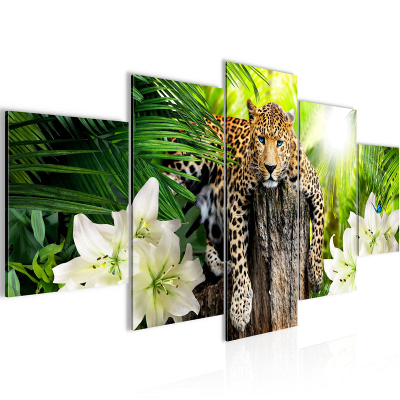 Runa Art Bild Wohnzimmer Schlafzimmer Afrika Leopard 5 Teilig Natur Savanne Grün Wandbilder auf Vlies Leinwand 006753a