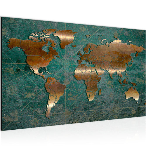 Runa Art Bild Weltkarte Modern Wandbilder Wohnzimmer Büro 1 Teilig - Made In Germany - Vintage Grün Silber Flur 109015c
