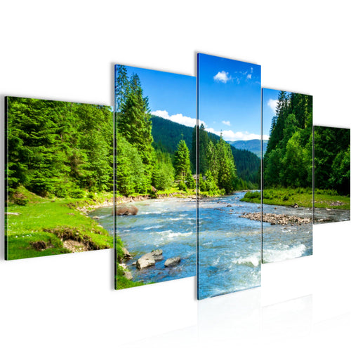 Runa Art - Bilder Wald Fluss 200 x 100 cm 5 Teilig XXL Wanddekoration Design Grün Blau Natur 049851a