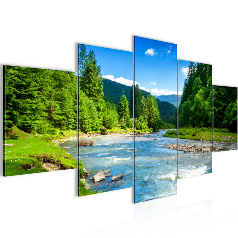 Runa Art - Bilder Wald Fluss 200 x 100 cm 5 Teilig XXL Wanddekoration Design Grün Blau Natur 049851a