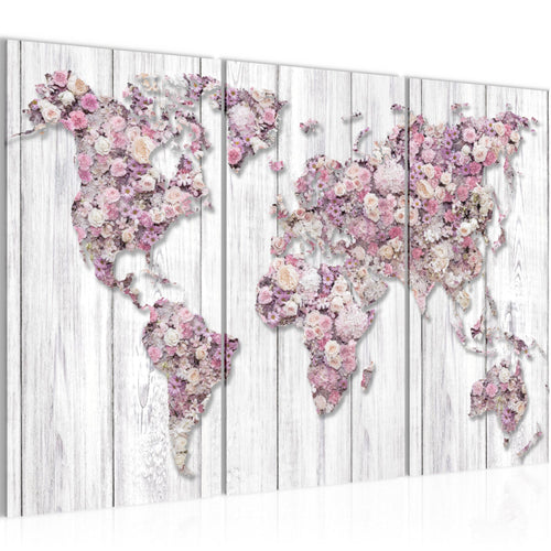 Runa Art Wandbilder Weltkarte Blumen Bild XXL Wohnzimmer Schlafzimmer Grau Rosa Vintage 120 x 80 cm 3 Teilig 023231b
