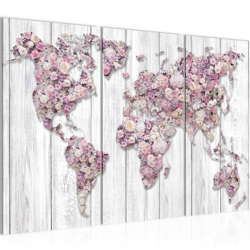 Runa Art Wandbilder Weltkarte Blumen Bild XXL Wohnzimmer Schlafzimmer Grau Rosa Vintage 120 x 80 cm 3 Teilig 023231b