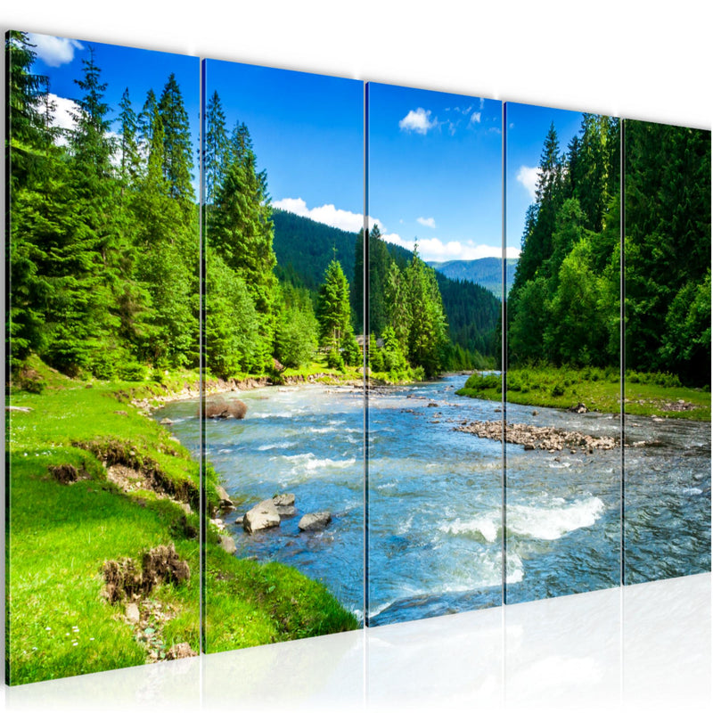 Runa Art Wandbild Wald Fluss 200 x 80 cm Modern Bild auf Vlies Leinwand Natur Wohnzimmer Schlafzimmer Grün Blau 049855a