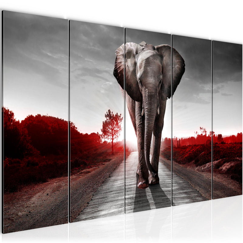 Runa Art Wandbild XXL Afrika Elefant Wohnzimmer Schlafzimmer 200 x 80 cm Rot Grau 5 Teilig - Made in Germany - 042655b