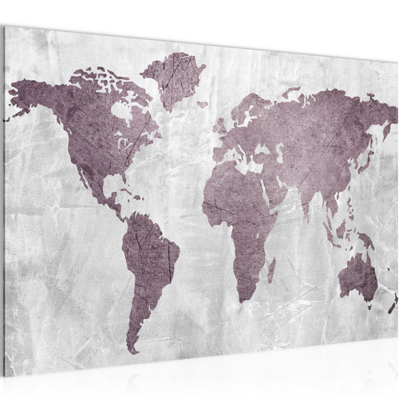 Runa Art Bild Weltkarte Modern Wandbilder Büro Wohnzimmer 1 Teilig - Made In Germany - Kontinente Beton Rosa Flur 104315a