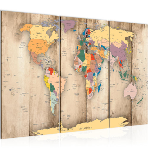 Runa Art Wandbilder Weltkarte Holz Bild XXL Büro Wohnzimmer Biege Kontinente 120 x 80 cm 3 Teilig 108731a