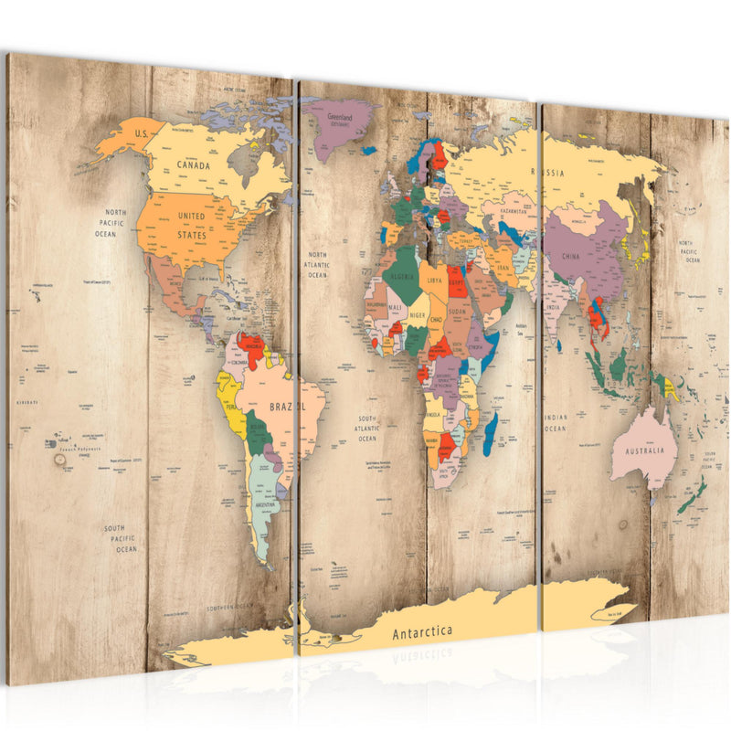 Runa Art Wandbilder Weltkarte Holz Bild XXL Büro Wohnzimmer Biege Kontinente 120 x 80 cm 3 Teilig 108731a
