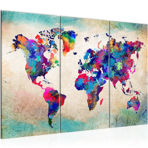 Runa Art Wandbilder Weltkarte Bild XXL Büro Wohnzimmer Bunt Vintage Kontinente 120 x 80 cm 3 Teilig 013331a