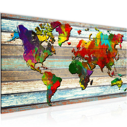 Runa Art Wandbild Weltkarte 1 Teilig 100 x 40 cm Modern Bild auf Vlies Leinwand Vintage Holz Büro Wohnzimmer Bunt 105412a