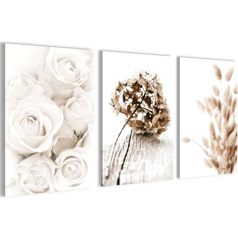 Novart Bilder Set Blumen Pflanzen - KEIN EXTRA RAHMEN BENÖTIGT - Wandbilder für Wohnzimmer Schlafzimmer Büro - 3 Teilig Deko Rosen - N023136a